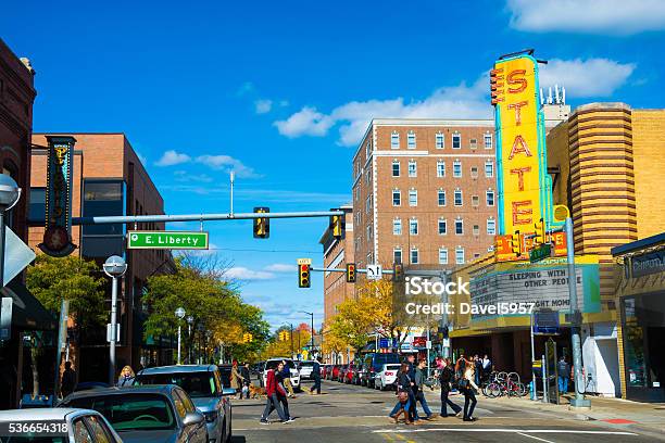 Downtown Ann Arbor With The State Theater And Pedestrians Stock Photo - Download Image Now