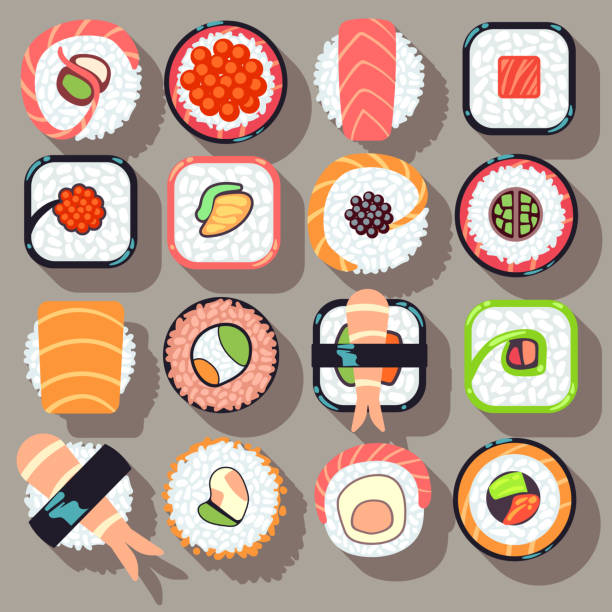 illustrations, cliparts, dessins animés et icônes de sushi de la cuisine japonaise à icônes vectorielles alimentaire - illustrations de sushi