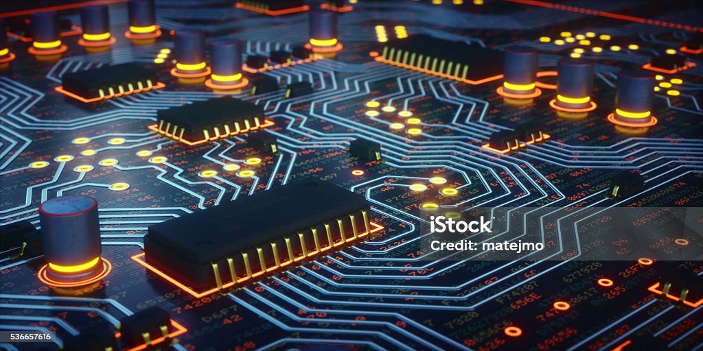 Yellow Glowing Circuit Board Close-Up An abstract 3D render of some microprocessors on a circuit board with glowing lights. The surface of the board is dark with many lines of hexadecimal code written over it.  Semiconductor Stock Photo