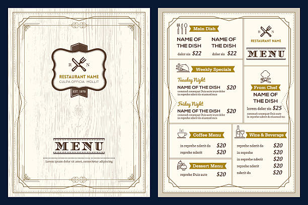 Restaurant cafe menu design template with vintage retro frame border Restaurant or cafe menu vector design template with vintage retro art deco frame style on wood texture background chef borders stock illustrations