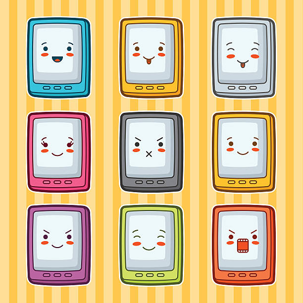 istock Kawaii doodle tablets set. Illustration of gadgets with various facial 536660342