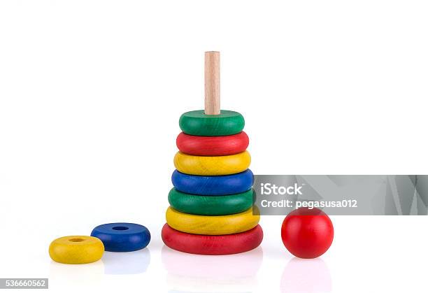 Colorful Stacked Round Wooden Circles Stock Photo - Download Image Now - Baby - Human Age, Toy, White Background