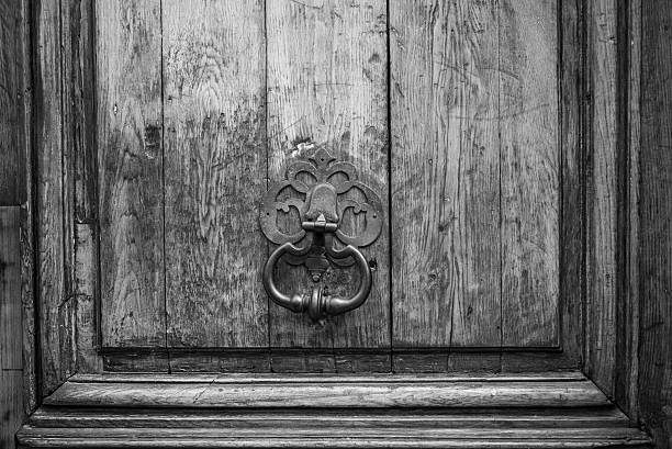 istock Bronze knocker on a wooden door 536661640