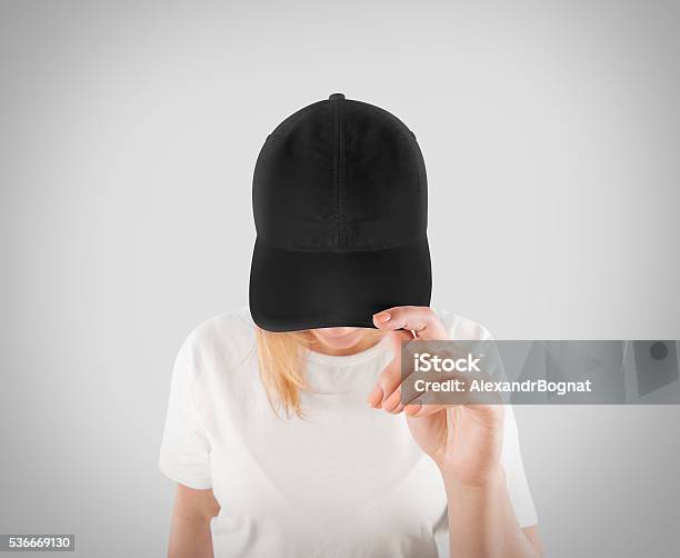 Blank Black Baseball Cap Mockup Template Wear On Women Head Stock Photo - Download Image Now