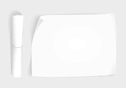 Blank whatman paper mockup with roll, top view isolated. Creative background plain paper sheet mock up. Design portfolio presentation template show. Draft brochure layout. Project paper from above