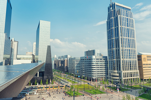 Aerial view of Rotterdam Station Square during a sunny summer day.