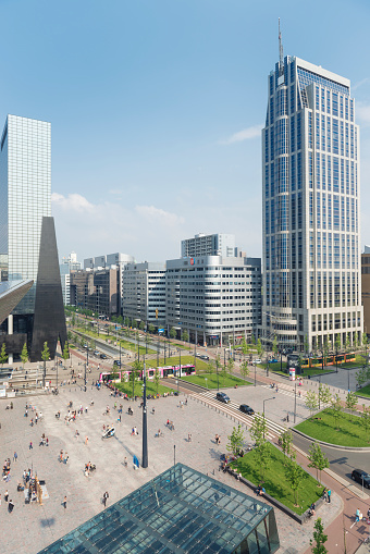 Vertical color image of Rotterdam Station Square and Weena during a sunny summer day. Aerial view.