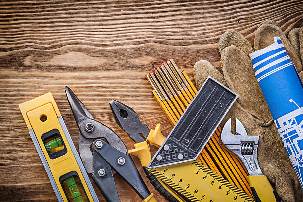 istock Heap of construction tooling on vintage wooden board 536674298