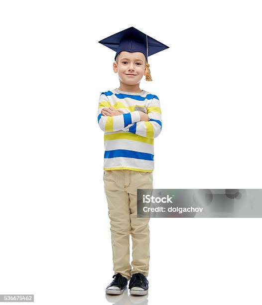 Happy Boy In Bachelor Hat Or Mortarboard Stock Photo - Download Image Now - Child, Boys, Cheerful