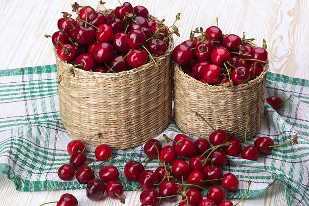 istock Cherry baskets on wooden background 536676224