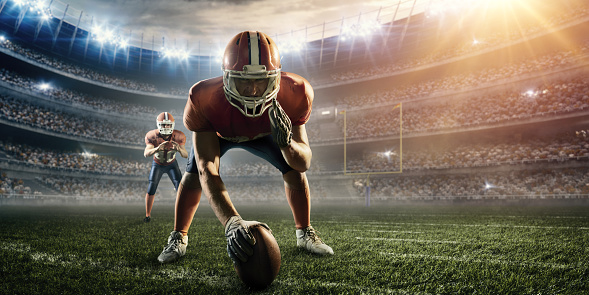 American football player banner. Template for a sports magazine on the theme of American football with copy space. Mockup for betting advertisement