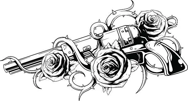 Vector illustration of Tattoo of revolver colt with roses