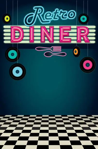 Vector illustration of Late night retro 50s Diner neon menu layout