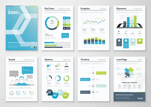 Infographics flyer and brochure designs and web templates vector. Data visualization and statistic elements for print, website, corporate reports and graphic projects.