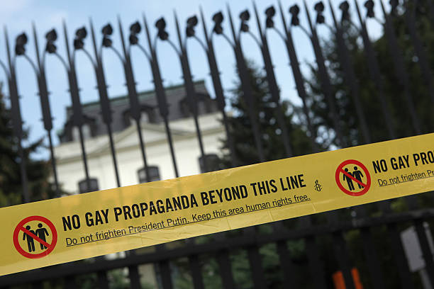 homosexuell aktivisten protestieren gegen die russische gegen gay gesetze - picket line fotos stock-fotos und bilder