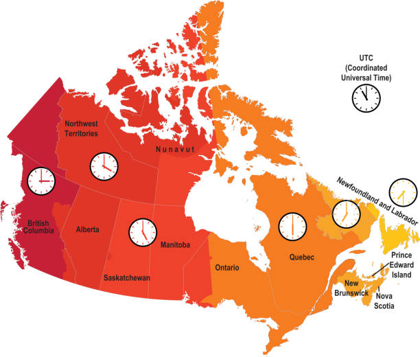 Canada Time Zone Map Very accurate Canada Time Zone maps. Includes outlines of every Canada state, outlines for every time zone, time zone borders, sample hour clocks, and areas which do not observe daylight savings time all in easy to use labeled layers british columbia map cartography canada stock illustrations