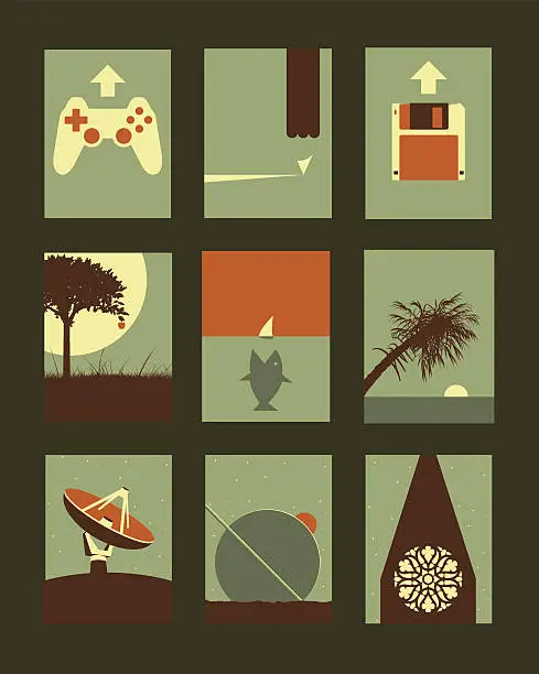 Vector illustration of Vector Retro Minimal Illustrations Set: Objects and Natural Backgrounds