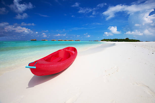 istock Red kayak on tropic beach with palm trees 536683362