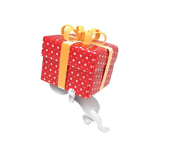 Small person carries a very hard box-gift on white background