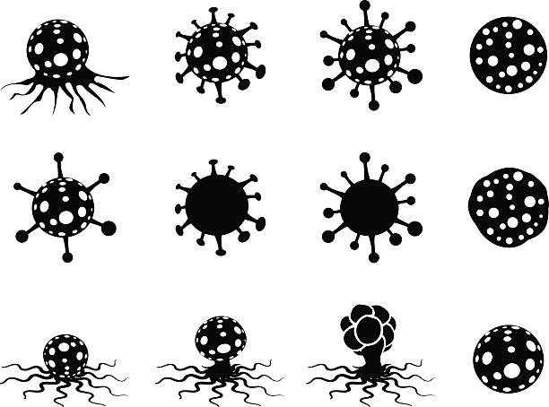 набор вирусов и раковых клеток в силуэт стиль - biohazard symbol computer bug biology virus stock illustrations