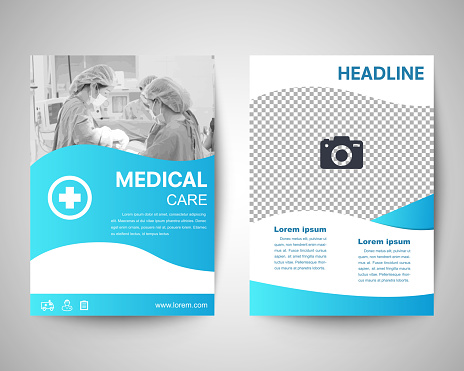 blue medical flyer template, brochure background, leaflet with cover, vector design in a4 size for business