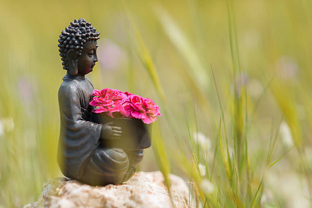 Buddha Figurine Meditating In Flower Meadow Stock Photo - Download Image  Now - Buddha, Statue, Ancient - iStock
