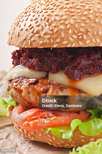 American Burger With Chicken And Bacon Homemade Barbecue Sauce Stock Photo - Download Image Now