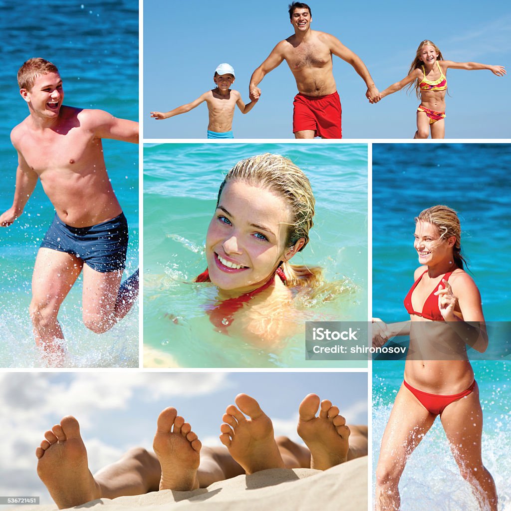Summer vacations Collage made of images of people on the beach Composite Image Stock Photo