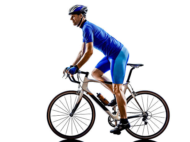 one cyclist road bicycle in silhouette on white background