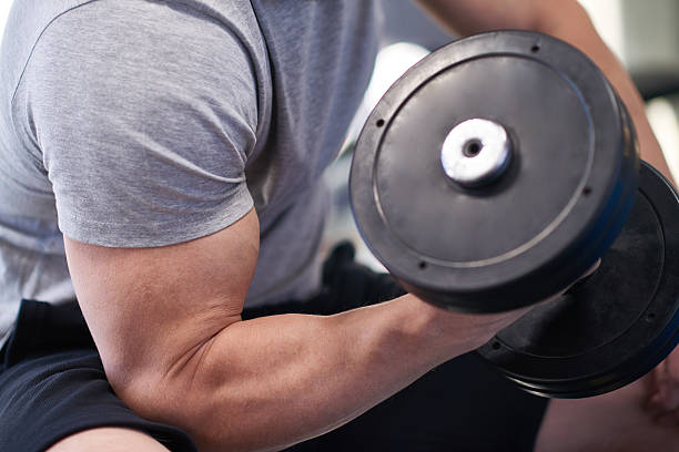 Bicep curl Muscular man doing bicep curl with dumbbell bicep curl ripl fitness
