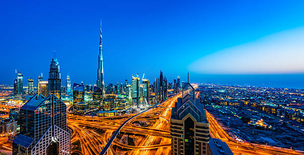 Modern skyscrapers in Downtown Dubai, Dubai, United Arab Emirates stock photo