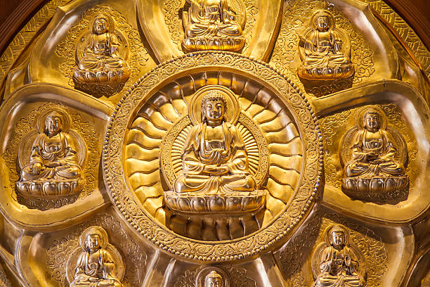 Buddha statues Wat Borom Racha Kanchana Phisake (Wat Leng Noei Yi 2) in Thailand. It is the most famous and largest Chinese Buddhist temple in Thailand.