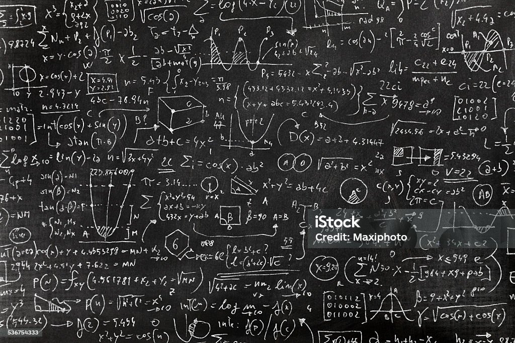 Very complicated math formula on blackboard Complicated math formula, full of symbols, drawings, numbers, variables and equations written on a blackboard with white chalk. Chalkboard - Visual Aid stock illustration