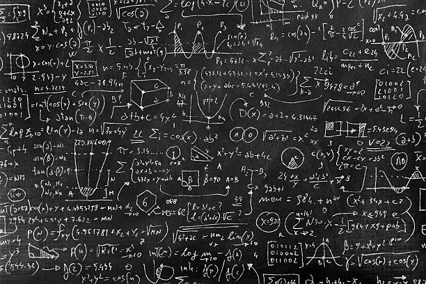Very complicated math formula on blackboard Complicated math formula, full of symbols, drawings, numbers, variables and equations written on a blackboard with white chalk. complexity stock illustrations