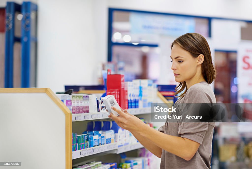 She's an informed shopper A young woman buying medicine in a pharmacy -The commercial designs displayed in this image represent a simulation of a real product and have been changed or altered enough by our team of retouching and design specialists so that they are free of any copyright infringementshttp://195.154.178.81/DATA/istock_collage/0/shoots/784767.jpg Pharmacy Stock Photo