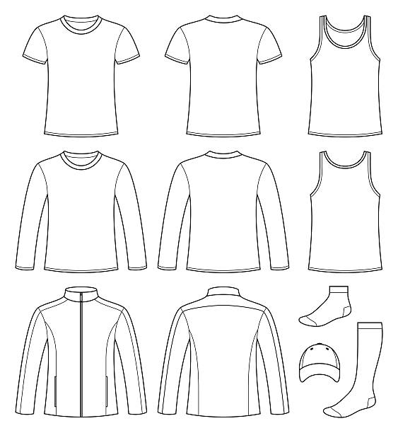 단일항, 티셔츠, 긴 소매 티셔츠, 재킷, 양말, 모자 te - t shirt men template clothing stock illustrations