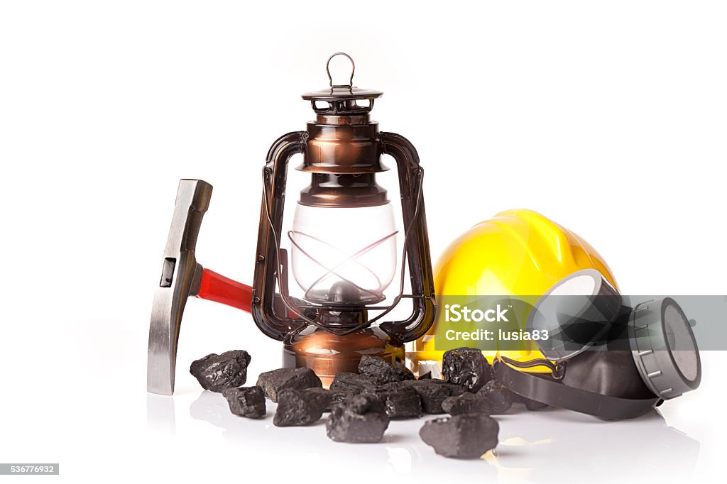 mining industry, group of miner`s equipment Business Finance and Industry Stock Photo
