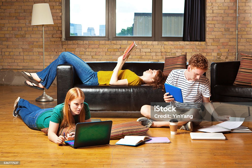 Young College Students Studying Together for Exams Subject: A group of young adult student roommates studying and working together on homework in their apartment. Chaos Stock Photo