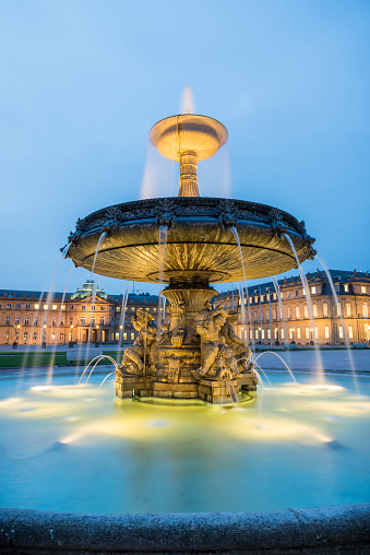 Night shot of fountain on square Schlossplatz in center of Stuttgart, Germany