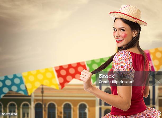 Brazilian Brunette Woman Wearing Junina Costume Stock Photo - Download Image Now - Decoration, Festa Junina, Adult