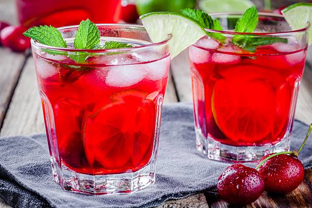 istock cherry lemonade with ice, lime and mint in glasses 536802416