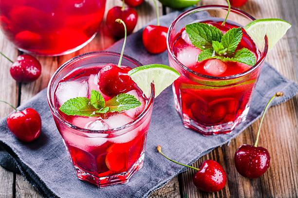 istock cherry lemonade with ice, lime and mint in glasses 536804156