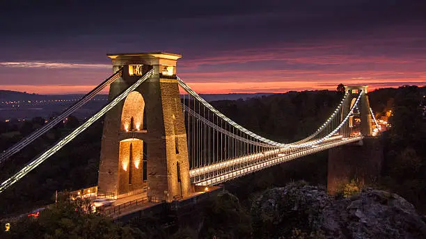 Isambard Kingdom Brunel's 19th century Clifton Suspension Bridge across the Avon Gorge in Bristol, England.