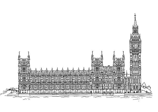 houses of parliament und big ben, london. skizze-kollektion - london england urban scene 30 st mary axe city stock-grafiken, -clipart, -cartoons und -symbole