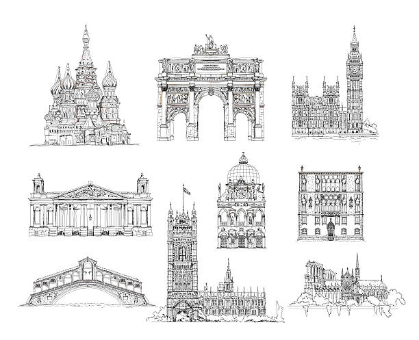 słynnych budynków euripe, rys pobrania. paryż, venice, moskwa, londyn - large transportation bridge famous place stock illustrations