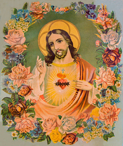 Heart of Jesus Christ - Typical catholic image Sebechelby - Typical catholic image of heart of Jesus Christ in the flowers from Slovakia printed in Germany from the end of 19. cent. originally by unknown artist. allegory painting photos stock illustrations