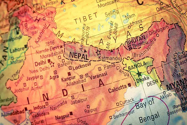 Photo of Map of Nepal and Bhutan. Close-up image