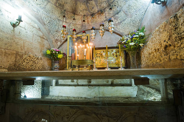 Jerusalem, Israel - 09 October, 2014: The sarcophagus of the The Tomb of the Virgin Mary, the mother of Jesus can be seen through glass