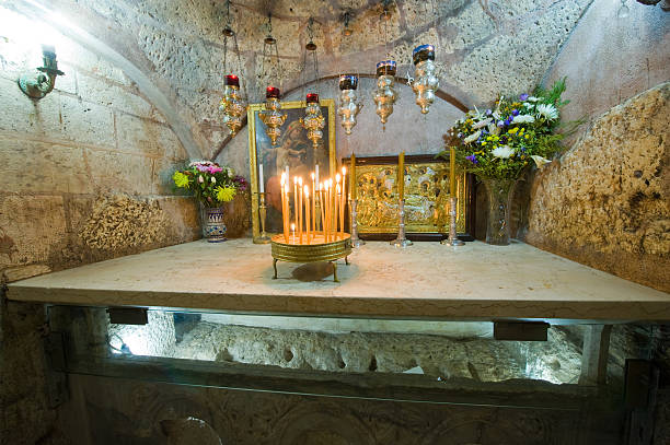 Jerusalem, Israel - 09 October, 2014: The sarcophagus of the The Tomb of the Virgin Mary, the mother of Jesus can be seen through glass