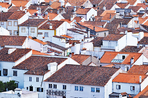 branco paisagem urbana com casas com telhados em mosaico, castelo de recursos, portugal - castelo de vide imagens e fotografias de stock